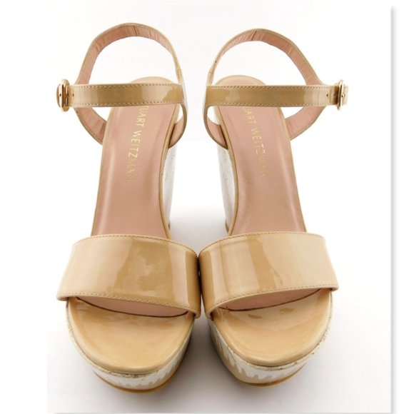 STUART WEITZMAN Beige Nude Patent Leather Cork Wedge Heel Sling Sandals 7.5 - Picture 3 of 8